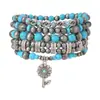 Set de 5 Pulseras de Cuentas Azul Grisáceo, Estilo Retro Bohemio, Pulsera Elástica con Colgante de Flor para Mujer