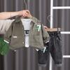 Traje para niño 2024, nueva ropa para niños, hermosa ropa de estilo occidental para niños, ropa de primavera para bebés, abrigo de bolsillo grande, traje de tres piezas