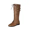Botas de estilo occidental con hebilla de cinturón, punta redonda, cordones frontales, botas de montar de caña alta, botas largas de tacón plano, botas para hombre y mujer, transfronterizo AliExpress