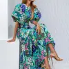 Chegadas de Outono 2026 para Mulheres Vestidos Cruzados Estilo Europeu e Americano Dropshipping Casuais de Férias Estampados Cintura Marcada Longos