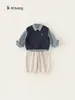 Bangxuan Ropa Infantil Primavera y Otoño Chaleco de Camisa a Cuadros Infantil Pantalones Casuales de Color Sólido Conjunto de Tres Piezas Ropa de Bebé Conjunto para Niños