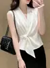 Camisa Elegante y de Moda Estilo Francés, Versátil, sin Mangas, de Atar, Cuello en V para Verano, Ceñida a la Cintura, Sensación de Alta Gama, Estilo Clásico Elegante para el Trabajo