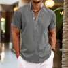 Camisa Masculina de Manga Curta Estilo Europeu e Americano para o Verão, Camisa Masculina Meio Aberta de Cor Pura com Gola Alta, Manga Curta de Linho