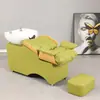 Cama de champú semi-reclinable de color personalizado para salón con lavabo de cerámica engrosado, cama de champú para venta al por mayor transfronteriza con reposapiés