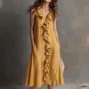 2026 Amazon Europeo y Americano Transfronterizo Primavera y Verano Nuevo Vestido de Color Sólido sin Mangas de Algodón y Lino con Cuello en V y Dobladillo Ancho con Volantes para Mujer