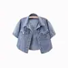 Novos Tops Curtos de Cintura Alta Estilo Europeu e Americano, Tops Jeans Slimming Retrô Francês