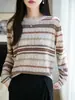 Suéter tejido Fair Isle retro de lana fina, diseño jacquard clásico, cuello redondo, ropa versátil para mujer de otoño/invierno