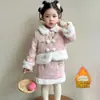 Conjunto de Ropa de Año Nuevo para Niñas con Falda, Forrado de Felpa y Engrosado, Nuevo Estilo Chino Tradicional de Invierno Hanfu para Bebés, Elegante Traje Tang de Estilo Nacional