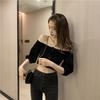 Playera de estilo coreano con hombros descubiertos y manga media para mujer, top básico holgado adelgazante corto de moda otoñal con hombros descubiertos