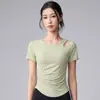 Top de Yoga de Manga Corta con Cuello Redondo y Diseño Hueco por un Lado para Mujer, Alta Elasticidad, Secado Rápido, Ceñidor de Cintura, Adelgazante, Top Corto Deportivo para Fitness, Pilates