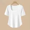 Camiseta Top Básico Simples de Malha Costurada para Verão 2026, Modelagem Slim, Tamanho Plus Size, Manga Curta, Ombros Retos, para Mulheres