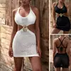 Estilo Resort de Comércio Exterior Europeu e Americano Alça Halter Decoração de Metal Recorte Malha Bodycon Justo ao Corpo Saia