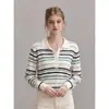 Estilo Intelectual Refrescante de Início de Outono Listras Coloridas Gola Polo Casual Suéter de Tricô Solto para o Trabalho Roupa Feminina 25811