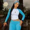 Amazon Conjunto Esportivo Casual Americano Estilo Sexy Cor Contrastante Camiseta de Manga Longa Calça com Cintura Dobrada Conjunto de Três Peças Fitness