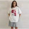 Camiseta Feminina Transfronteiriça 180g Estilosa em Formato de Coração com Estampa de Carta, Modelagem Solta, Gola Redonda, Manga Curta, Tamanho Extra Grande