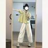 Traje de Rua para Mulheres 2025 de Celebridade da Internet, Camisa de Verão Nova com Gola Quadrada e Mangas Bufantes com um Conjunto Completo de Calças Retas de Cintura Alta