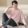 Pijama Masculino 100% Algodão Outono e Inverno 2025 Novo Gola Redonda Manga Longa Calça Roupa Simples para Casa Conjunto Pode Ser Usado Fora