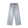 Comercio Electrónico Transfronterizo Retro Americano Lavado Estampado de Ala de Ángel Adelgazante Holgado Casual Pantalones Largos de Mezclilla de Pierna Ancha para Hombres y Mujeres