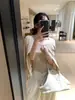 Conjunto de dos piezas para mujer: cárdigan de manga larga estilo coreano dulce de otoño con cuello redondo + camiseta de manga corta con cuello en U 66992