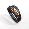 Pulsera Multicapa Hecha a Mano de Cuero para Hombres Estilo Europeo y Americano Hebilla Retro de Acero Inoxidable Pulsera de Cordón de Cuero con Piedra Ojo de Tigre