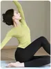 Top de Yoga Feminino Estilo Outono Gola Redonda Canelado Manga Longa Slim Fit Justo Mostrando a Magreza Elástico Roupas Esportivas para Treino de Pilates