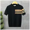 2025 Nuevo Verano Tendencia Versátil Cuello Redondo Tejido Manga Corta Bloqueo de Color Delgado Camiseta Capa Base para Hombre Top de Moda