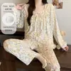 Pijama de Algodón Nube para Mujer, Primavera y Otoño, con Almohadillas en el Pecho, Encaje Dulce de Dibujos Animados, Manga Larga, Pantalón Largo, Conjunto Holgado para Casa