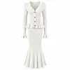 Elegante Vestido Tricô Decote V de Socialite para Mulheres, Vestido Sexy com Recortes e Design Falso de Duas Peças, Saia Estilo Suéter Cauda de Peixe