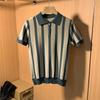 Polo británico de manga corta a rayas entalladas para hombre, camiseta de punto de seda helada de verano para hombre, informal, con solapa y media manga.