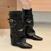 Botas Longas Emagrecedoras Removíveis de Uso Duplo Femininas 2026 Novas Botas de Moda com Fivela Retro Francesa Bico Quadrado Salto Bloco Temperamento