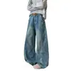 Jeans de pierna ancha, jeans de pierna curva, azul retro para hombre, estilo americano de alta costura de otoño, marca de moda, corte holgado, pantalones de pierna recta, diseño limpio