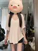 Camiseta de Manga Curta com Decote V 'Pure Desire Hot Girl' para Mulheres Verão 2025 Novo Estilo Preguiçoso Solto Casual Design Moderno Top