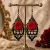 Nuevo producto transfronterizo: Aretes de rosa roja oscura de Halloween, aretes de flor de seda roja de encaje hueco de estilo gótico de corte
