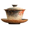 Tazón de cubierta de tres cai azul de fábrica y rojo pedernal flor loto pintado a mano dorado tazón de té de carpa koi juego de té de kung fu de cerámica taza de té
