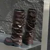 Botas de montaria, botas plataforma, bico largo, fivela de cinto, botas longas com pregas no joelho, emagrecedoras, de sola grossa, pretas, versáteis, calças com barra dobrada
