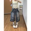 Calça de ganga xadrez retro desgastada com rasgões sete-oitavos mulher homem 2026 verão novo solta de perna larga tendência