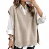 Colete de malha feminino ins coreano solto versátil retrô gola V preguiçoso nicho design de fenda lateral senso de design top feminino