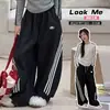 Conjunto casual de estilo coreano para niñas: conjunto elegante de camiseta de manga larga ajustada y pantalones anchos de rayas azul marino