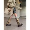 Encuentro Primero Temporada Retro Punta Redonda Color Lavado Desgastado Plisado Botas Largas 2026 Otoño/Invierno Nuevo Tacón Grueso Hebilla de Cinturón Bloque de Color Botas de Caña Alta