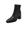 Botines Chelsea de borrego simples y versátiles para el día a día 2026 otoño/invierno tacón grueso tacón alto punta cuadrada piel genuina cremallera trasera botines cortos para mujer