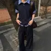 Camisa polo retro americana de dos piezas falsas para hombre, camisa de manga corta estampada estilo universitario de verano, camiseta de corte limpio con hombros normales