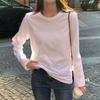 Camiseta de Algodón Puro de Manga Larga para Mujer con Hombro Derecho, Camiseta Básica de Color Puro para Mujer, Top Holgado de Algodón Puro para Capas Interiores, Estilo Perezoso y Relajado, Cuello Redondo