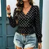 Primavera/Verão 2026 Temu Transfronteiriço Novo Europeu e Americano Gola Redonda Estampado Poá Franzido Manga Longa Decote V Moda Casual Top