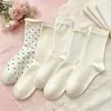 Meias Finas Enroladas Diárias para Mulheres, Meias de Cano Médio para Primavera e Verão, Meias Fofas Coreanas de Bolinhas para Meninas, Meias de Algodão para Estudantes Doces