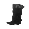 Punta fina, tacón oculto, botas de media pantorrilla apiladas para mujer, con hebilla de cinturón, botas de equitación de gamuza, botas adelgazantes de estilo francés, botas largas para mujer