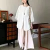 Novo conjunto estilo chinês e nacional, camisa com proteção solar para mulheres baixinhas, inspirado em Zen, inspirado em Budismo, relaxado e casual, conjunto versátil de blusa e calça