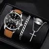 2026 Nueva Moda Transfronteriza Decorativo Hombres Reloj de Correa de Cuero Simple Escala Reloj de Cuarzo Conjunto de Joyería Cruzada