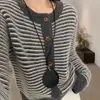 Cárdigan de punto de lana 100% pura con cuello redondo a rayas, estilo Chanel, para mujer, top grueso, abrigo base