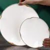 Juego de Vajilla Cerámica para Restaurante de Hotel, Combinación Sencilla de Tazón y Plato Estilo Comercial con Borde Dorado, Tazones de Lujo Ligero