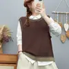 Chaleco de punto de bloques de color para mujer, estilo japonés, cuello redondo, sin mangas, corte holgado, perfecto para usar en capas, prenda exterior, chaleco suéter
